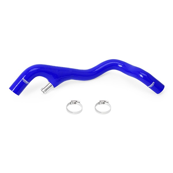 Mishimoto lower overflow hose showing CNC metal Y-fitting replacing factory plastic fitting