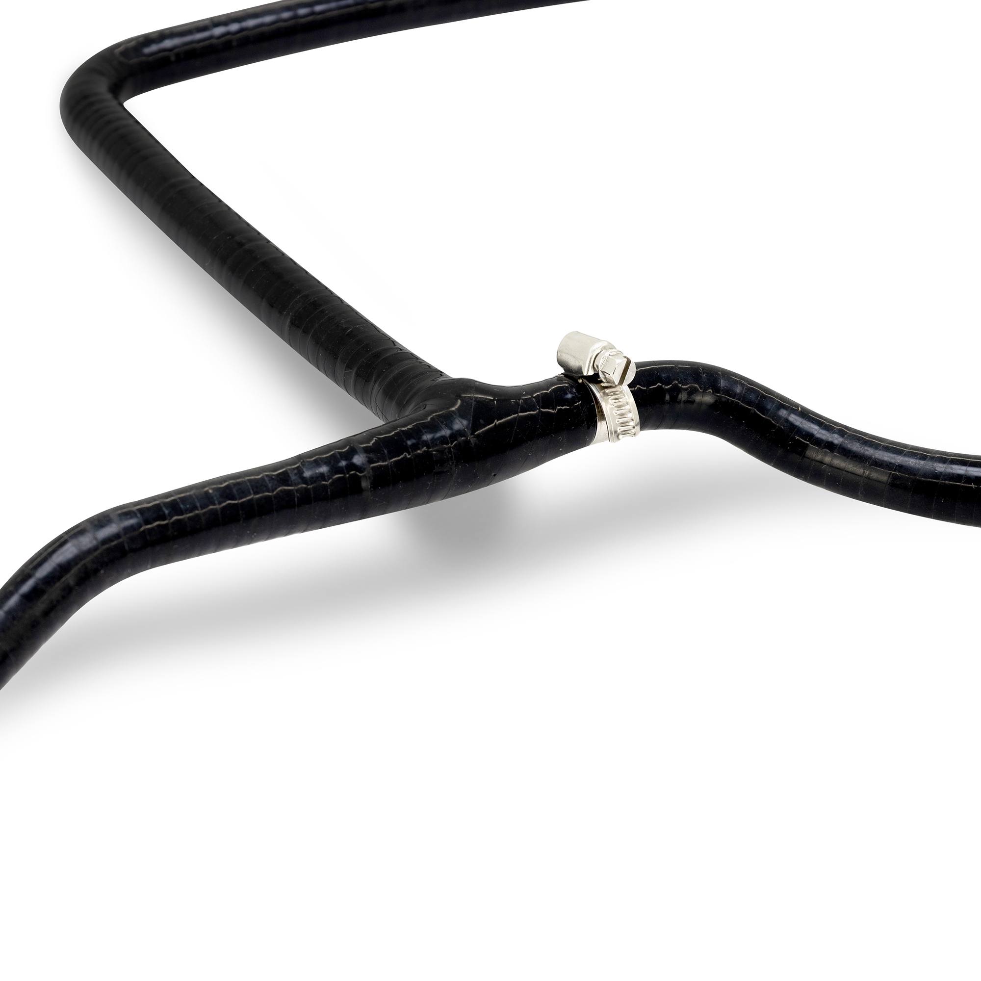Close-up of Mishimoto silicone Y-hose one-way valve for 6.7L Powerstroke cooling system