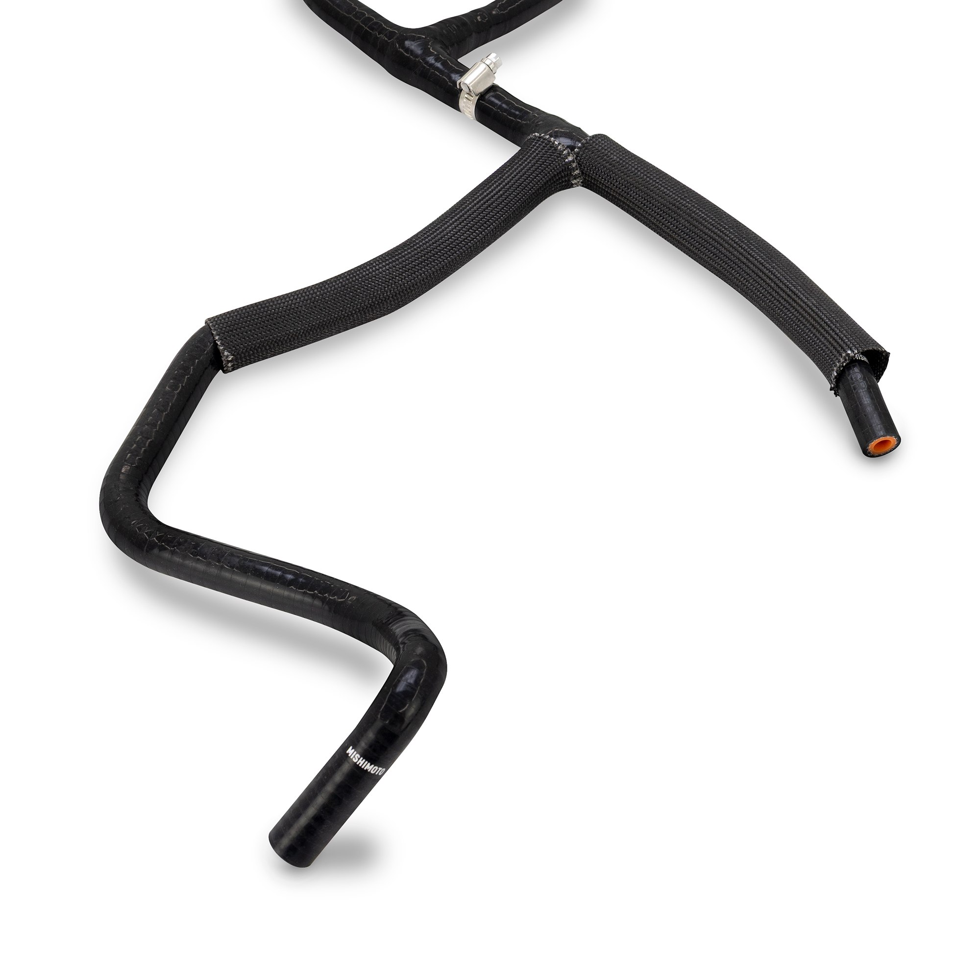 Mishimoto one-piece silicone overflow hose showing integrated one-way valve for 6.7L Powerstroke