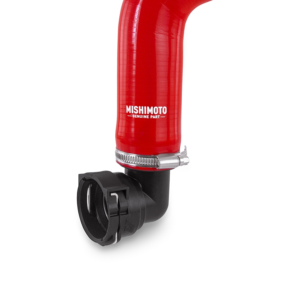 Mishimoto lower radiator hose with stainless steel connector and quick-disconnect fitting
