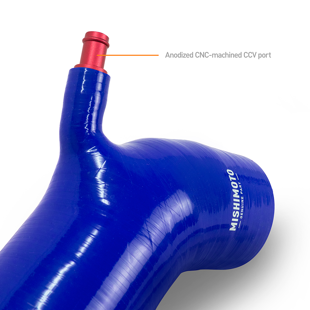 Mishimoto Post-MAF air intake hose kit shown with stainless steel T-bolt clamps