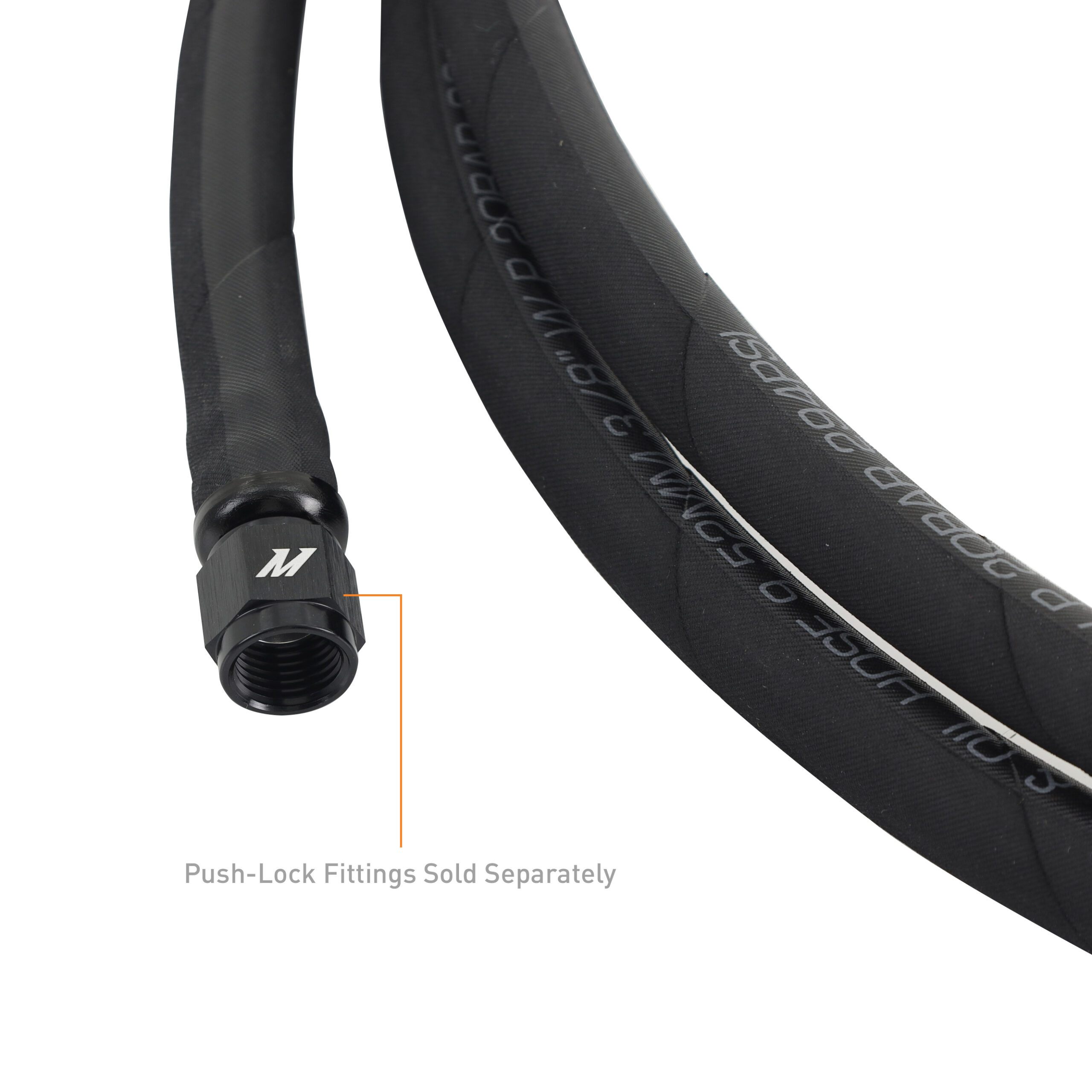 Mishimoto push-lock hose end showing 9.53mm inlet and outlet diameter