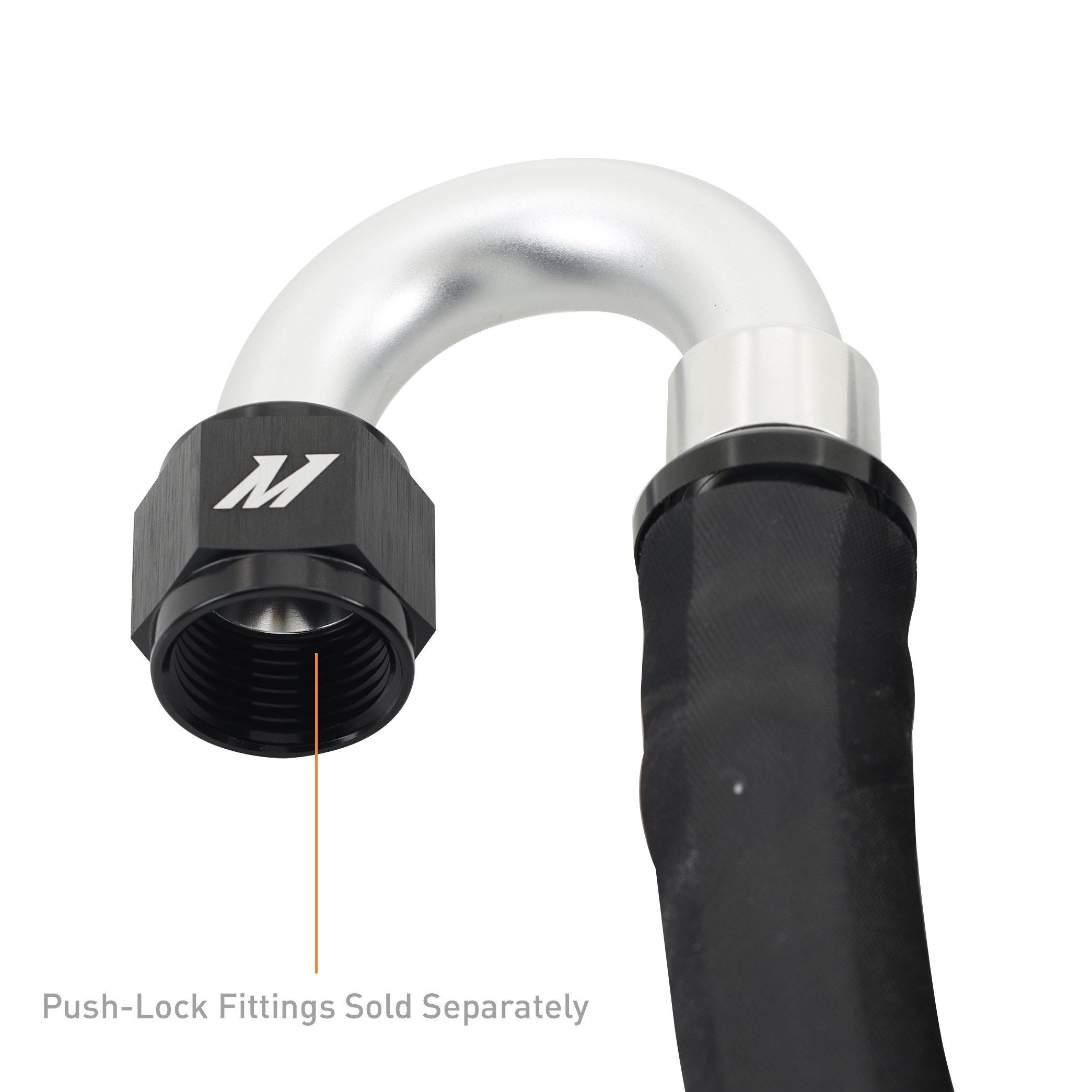 Mishimoto push-lock hose connected to a Mishimoto Push-Lock Fitting without clamps