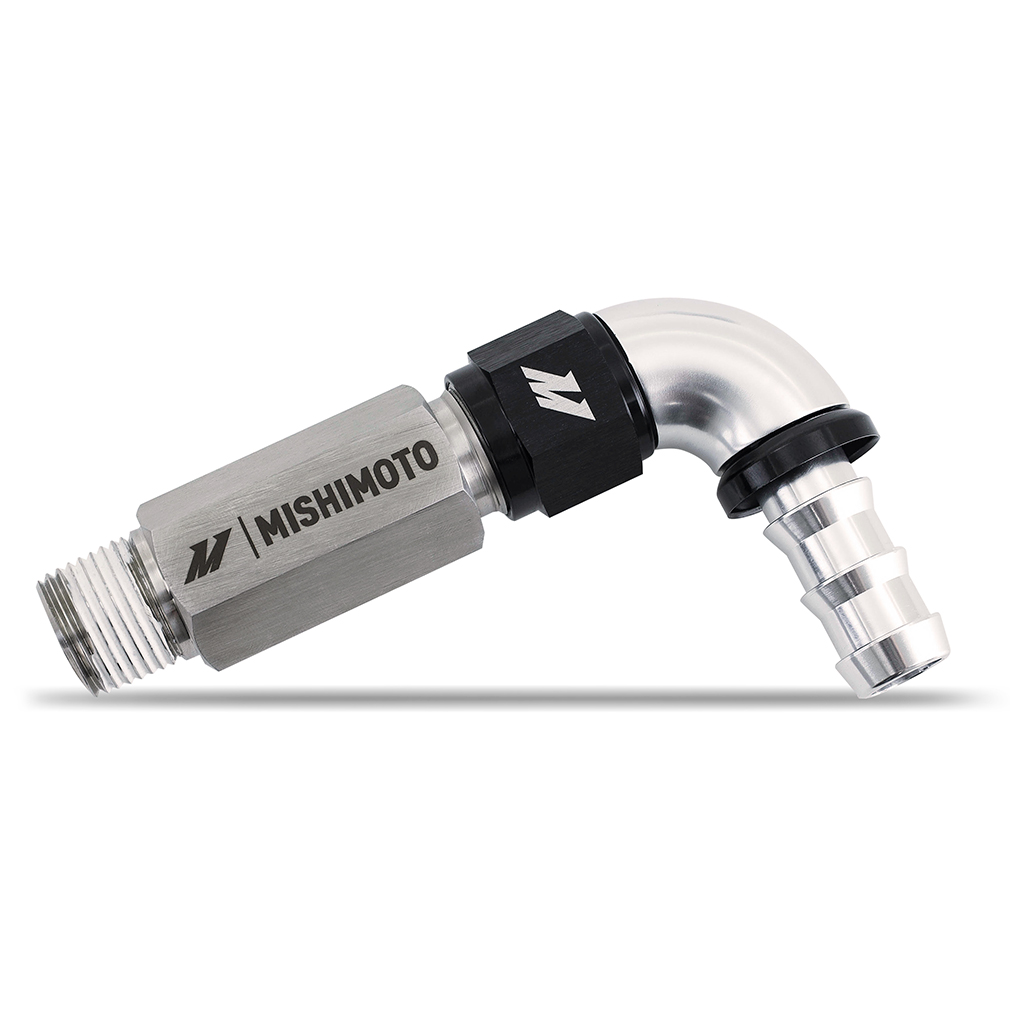 Silver stainless steel push-fit elbow fitting from Mishimoto RAM 6.7L Cummins heater hose upgrade kit
