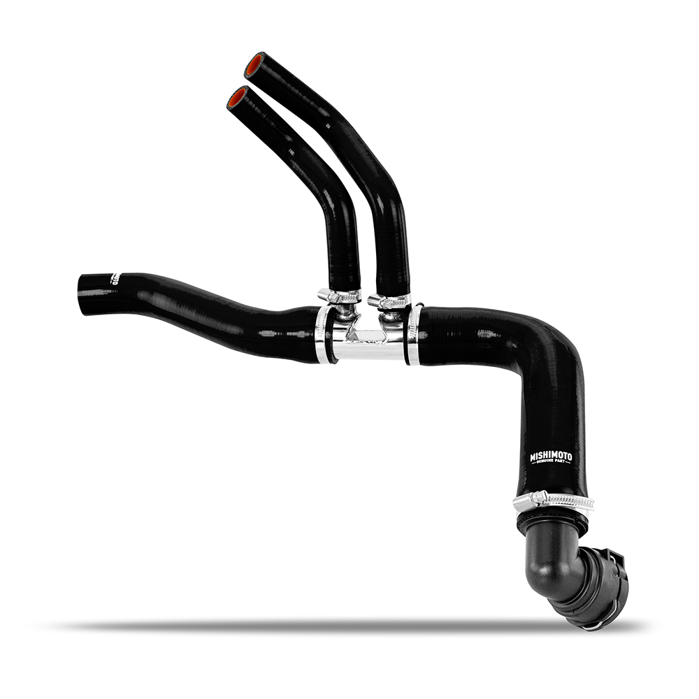 Upper radiator hose with CNC-machined aluminum connector from Mishimoto hose kit