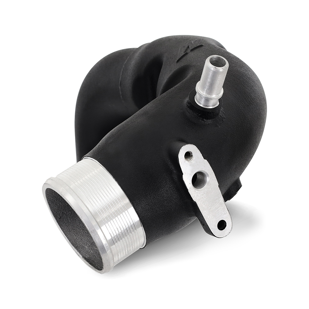 Black powder-coated cold-side intercooler pipe with 1/8-NPT port for the Ford Bronco 2.7L EcoBoost