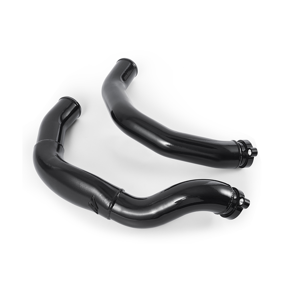 TIG-welded aluminum charge pipes with matte black silicone couplers for BMW M3/M4