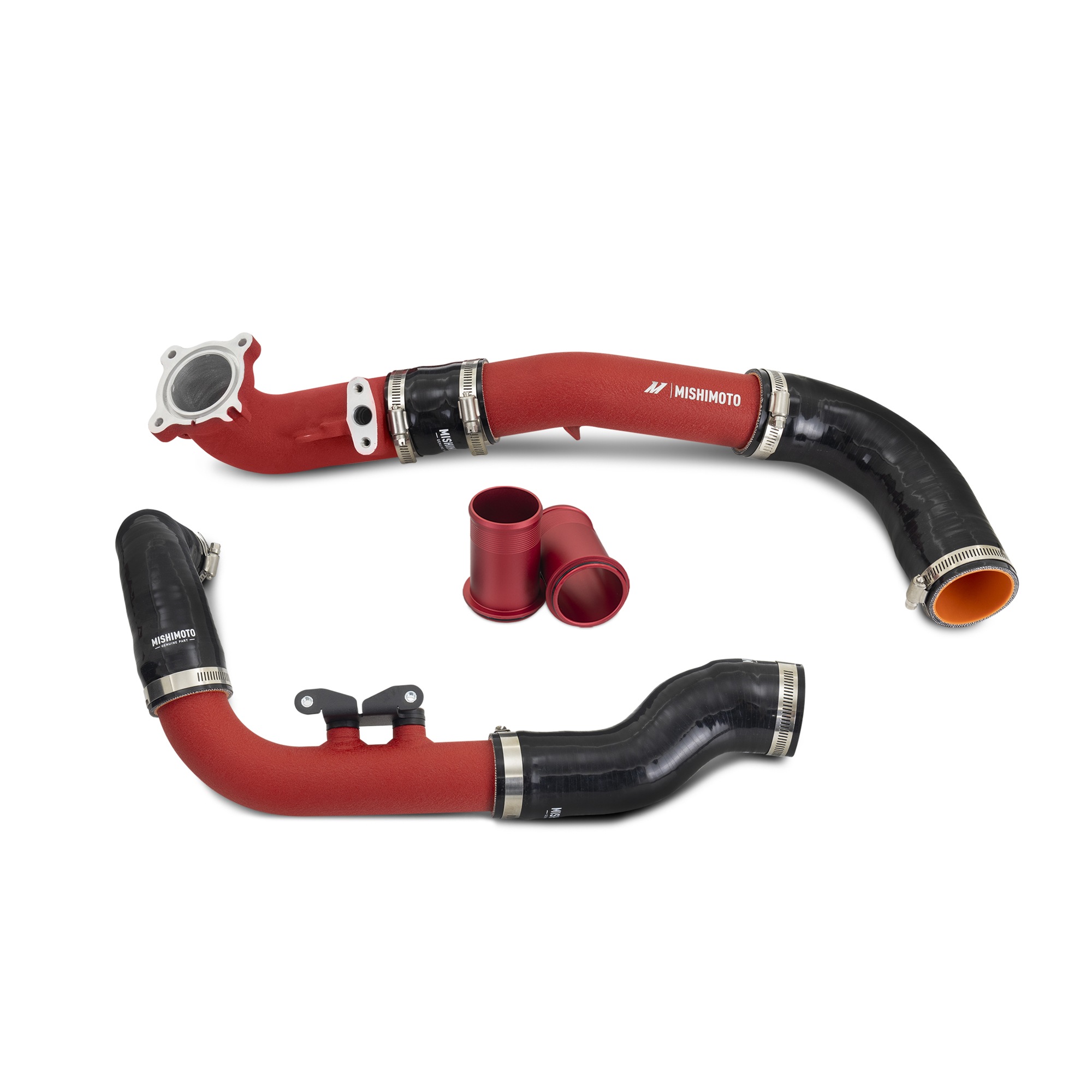 Red powder-coated aluminum hot-side and cold-side intercooler pipes for GR Corolla forced induction system