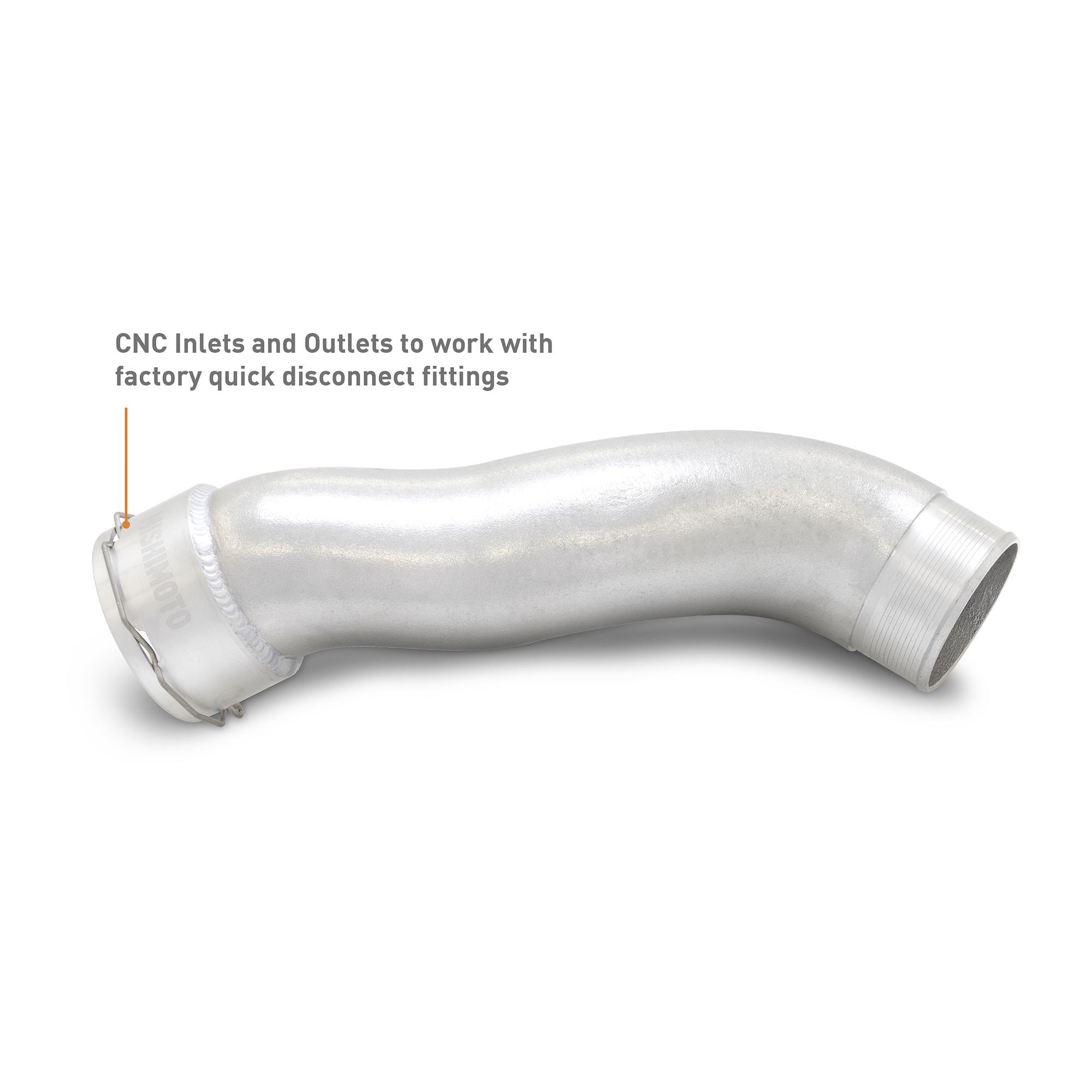 DuraCore silicone couplers and worm-gear clamps included with Mishimoto intercooler pipe kit