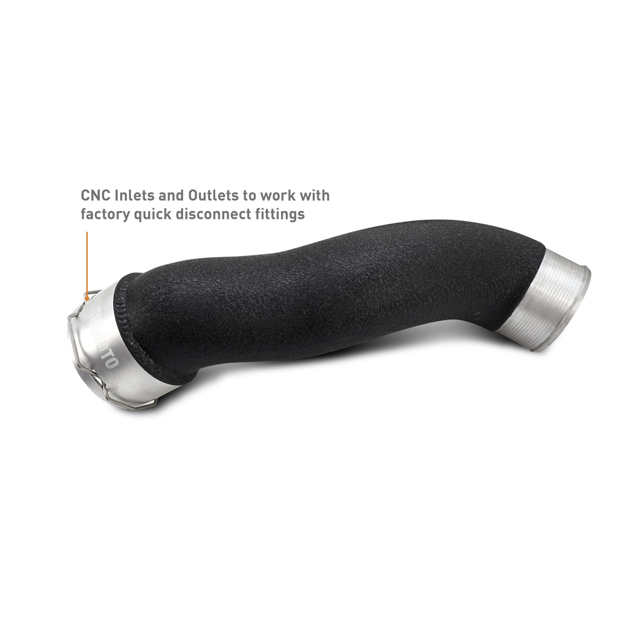 Mishimoto intercooler pipe kit showing worm-gear clamps and cast end sections for smooth airflow