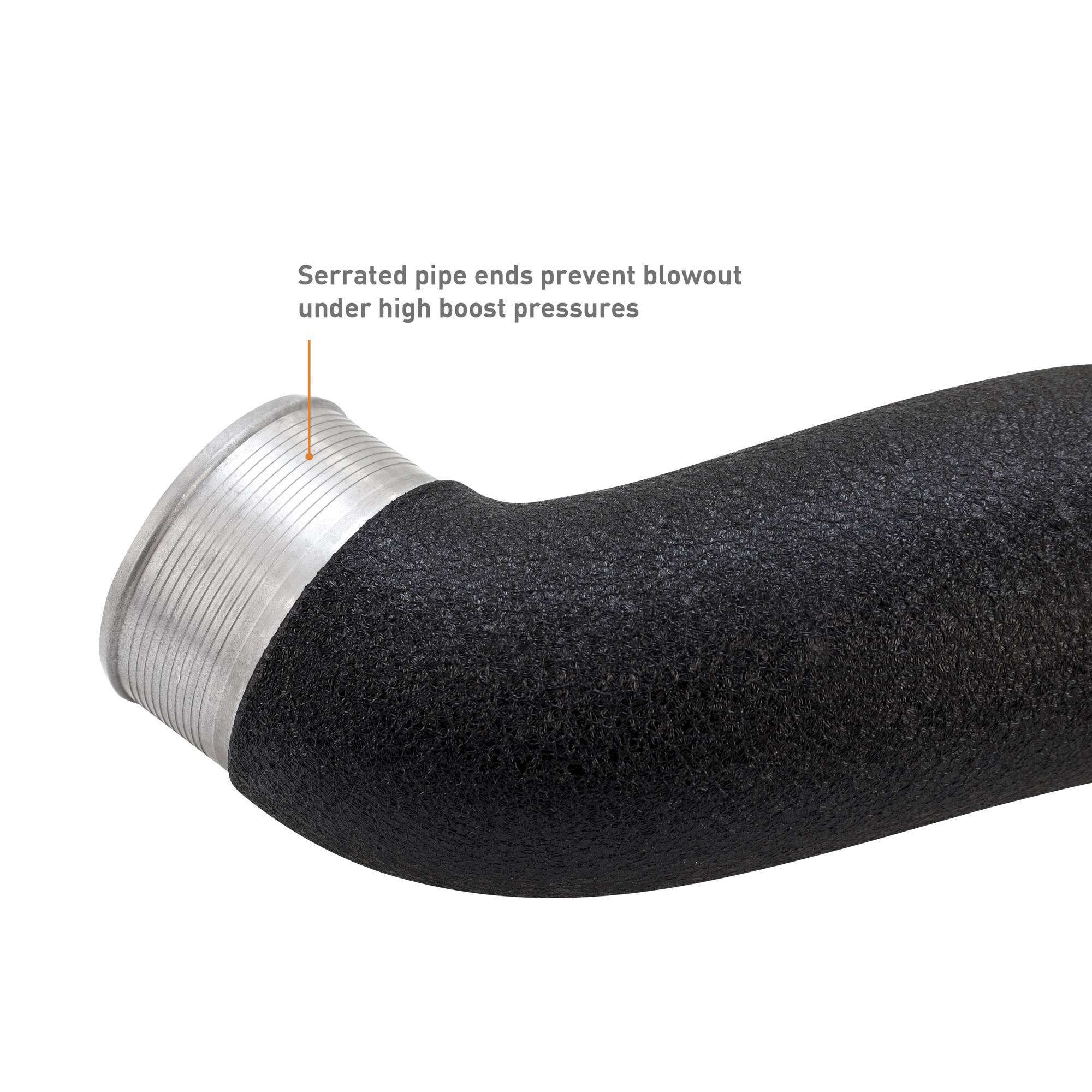 Black aluminum intercooler pipes compatible with stock and Mishimoto intercoolers on S650 Mustang