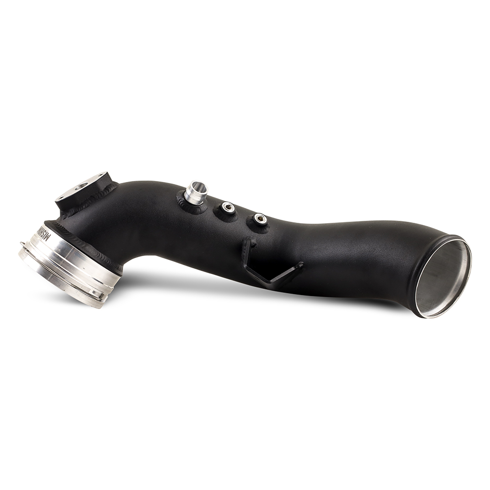 Black powder-coated aluminum charge pipes with CNC-machined quick-disconnect flanges