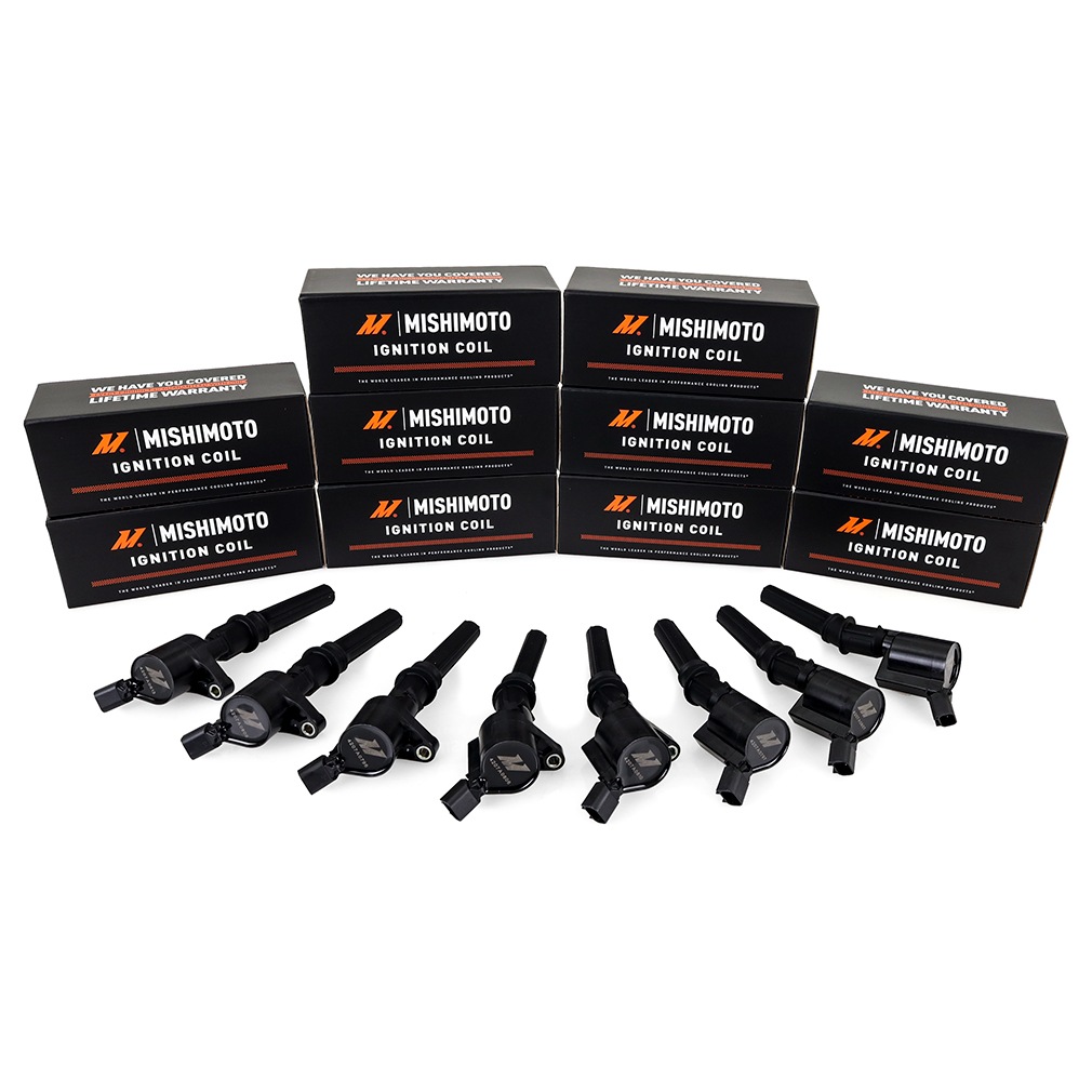 Set of 8 Mishimoto ignition coils packaged with Mishimoto Lifetime Warranty label