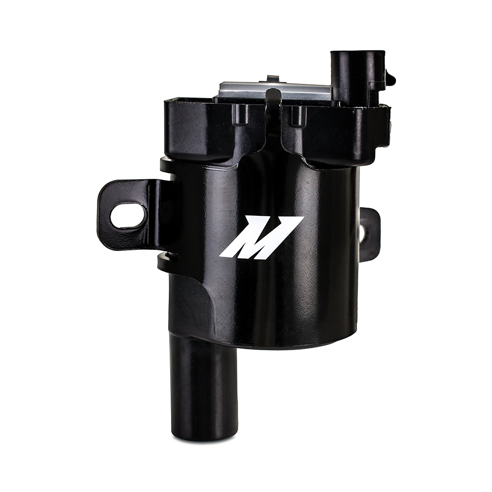 Black Mishimoto ignition coil with female blade terminal and connector for GM LS engines
