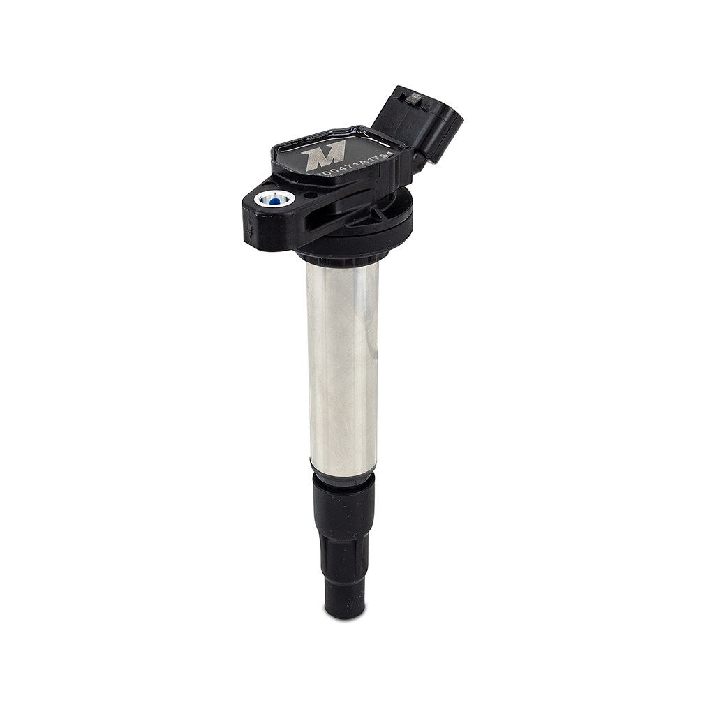 Mishimoto ignition coil for Toyota Corolla, Matrix, and Prius models shown from the side