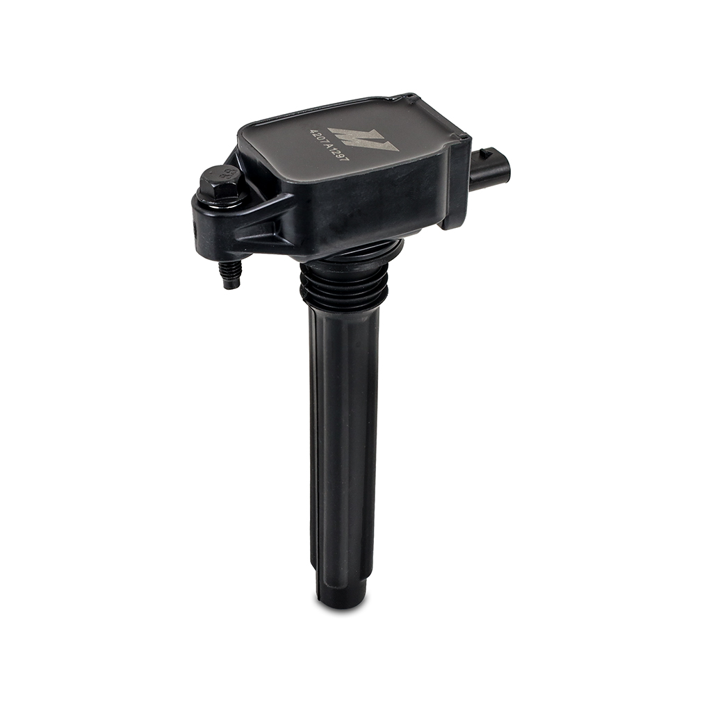 Mishimoto ignition coil showing coil-on-plug design with phenolic resin outer shell and lower boot