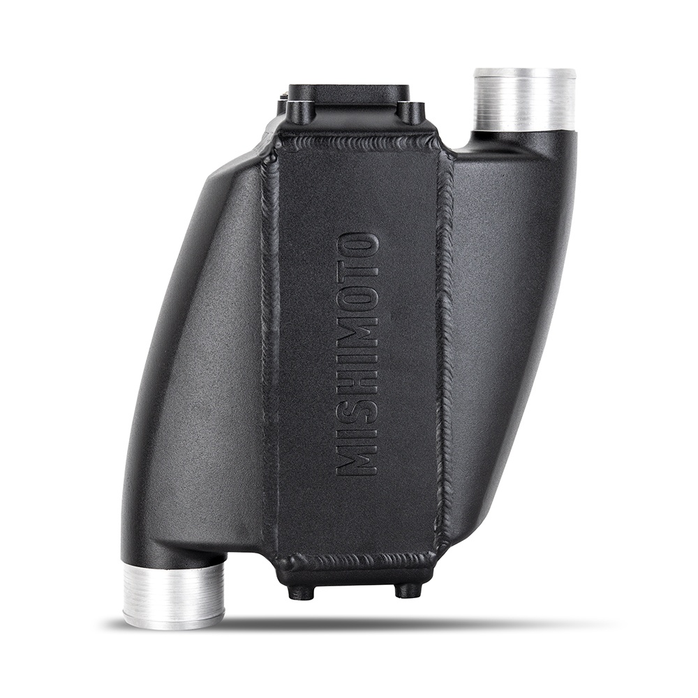 Cast-aluminum end tank on Mishimoto air-to-water intercooler core rated to 1000 HP