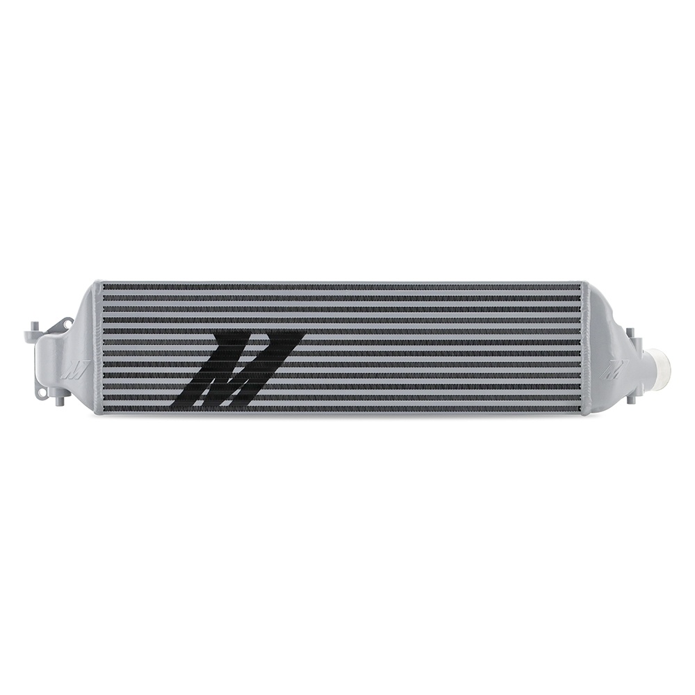Bar-and-plate aluminum intercooler core with cast-aluminum end tanks in silver finish