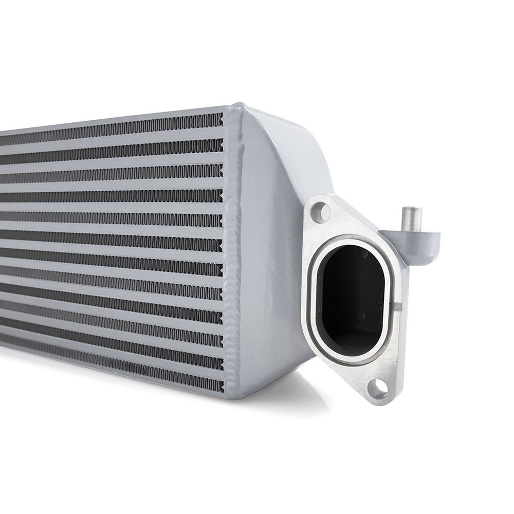 Front view of Mishimoto bar-and-plate intercooler core measuring 27.95 x 7.34 x 3.54 inches
