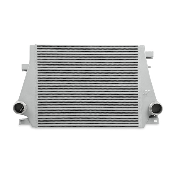 Silver aluminum core intercooler showing cast end tanks for LTG-powered Camaro and ATS 2.0T