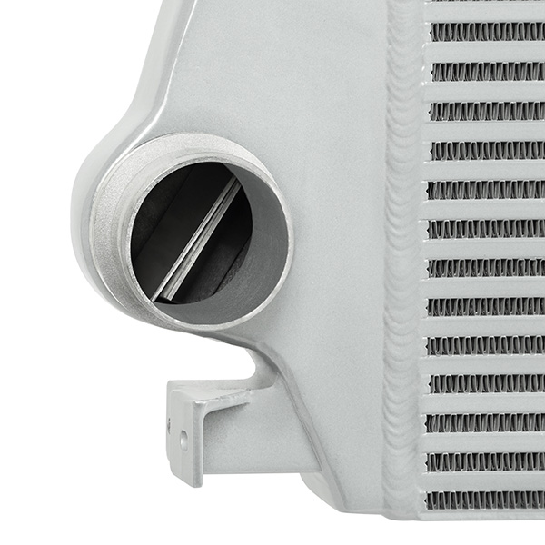 Close-up of Mishimoto intercooler core highlighting increased fin surface area and core volume