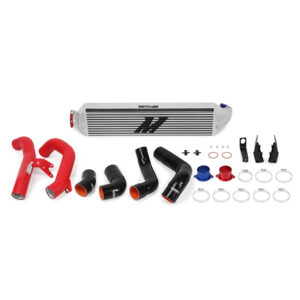 Mishimoto MMINT-CIV-16KSLWRD silver aluminum bar-and-plate intercooler with red mandrel-bent piping