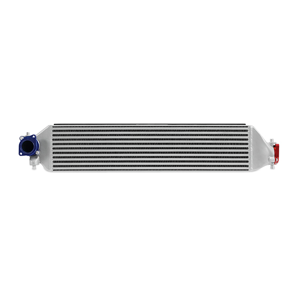 Close-up of Mishimoto intercooler core showing 102% more volume and 97% more fin surface area