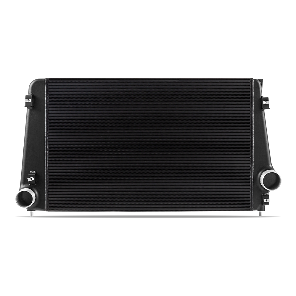 Cast-aluminum end tank on Mishimoto Duramax L5P performance intercooler core
