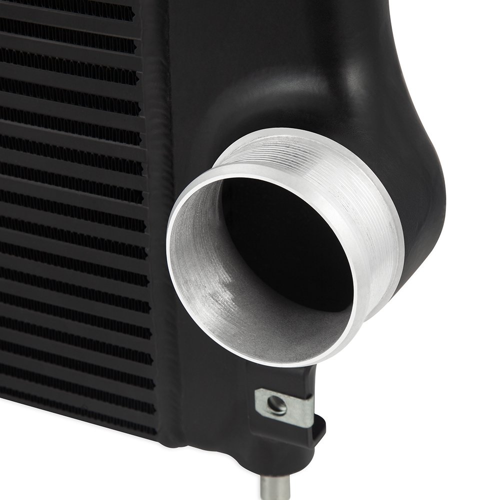 Cast-aluminum end tank with larger inlet and outlet on Mishimoto Duramax L5P intercooler