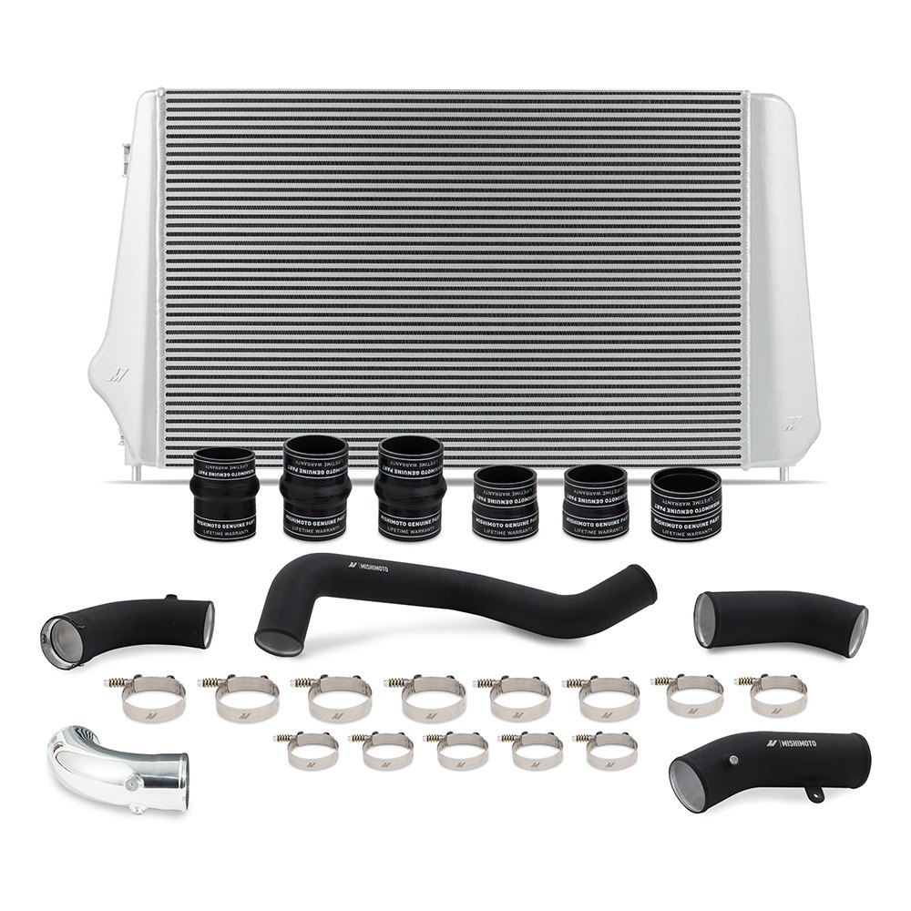 Mishimoto L5P Duramax intercooler kit with 3.0-inch mandrel-bent aluminum piping installed