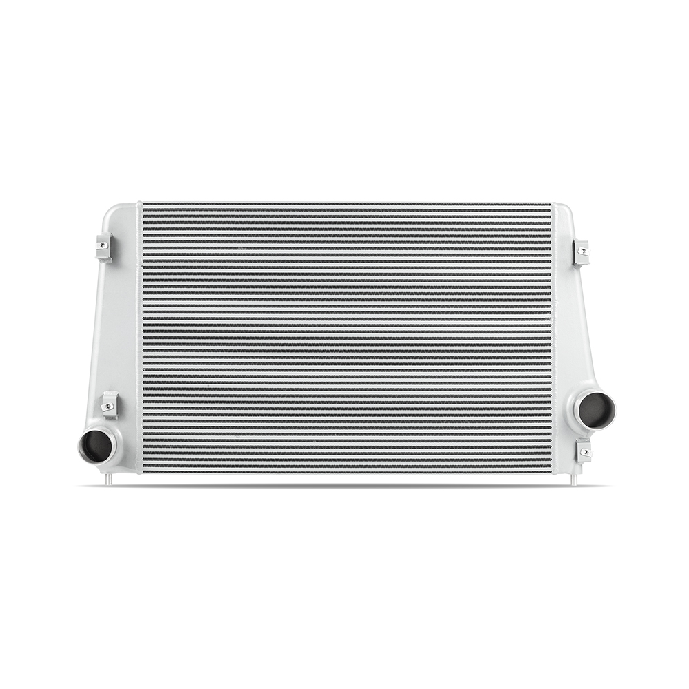 Cast-aluminum end tanks on Mishimoto performance intercooler for Chevrolet/GMC Duramax L5P