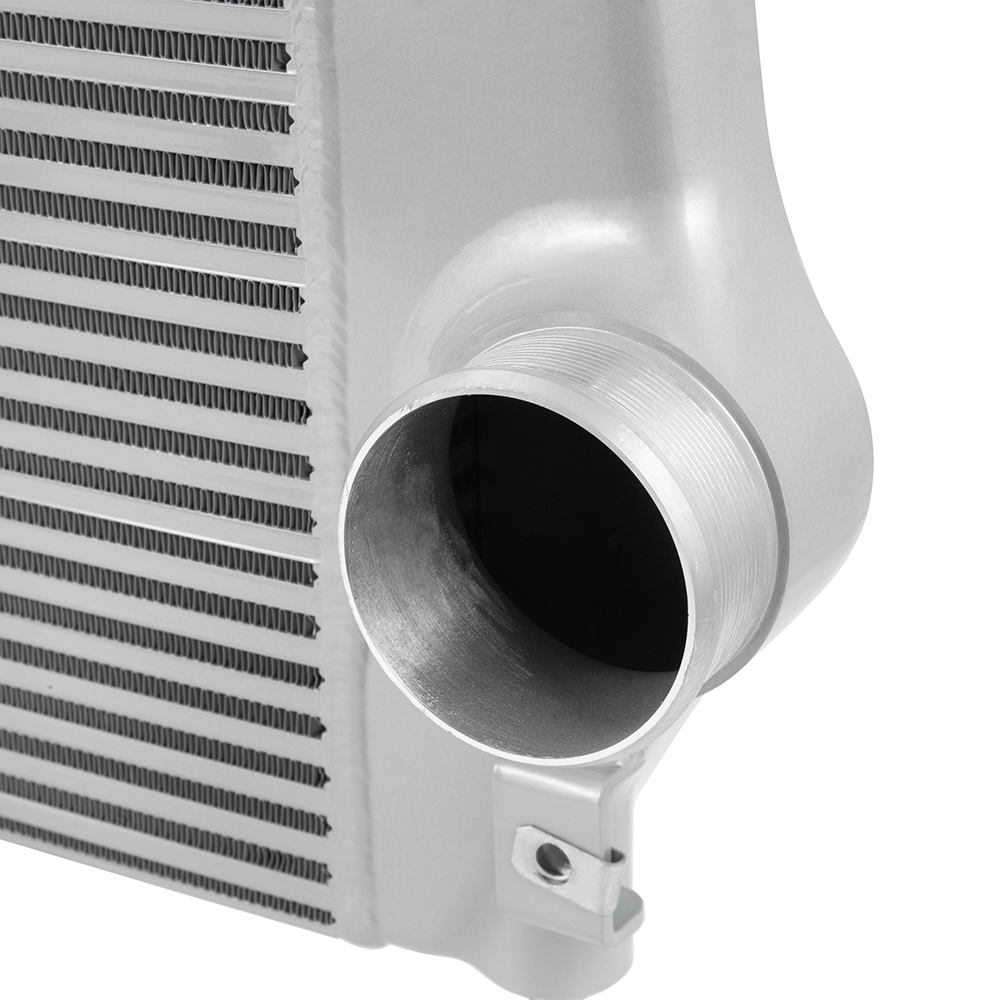 Silver Mishimoto intercooler core with wrinkle black powder-coated piping for L5P Duramax