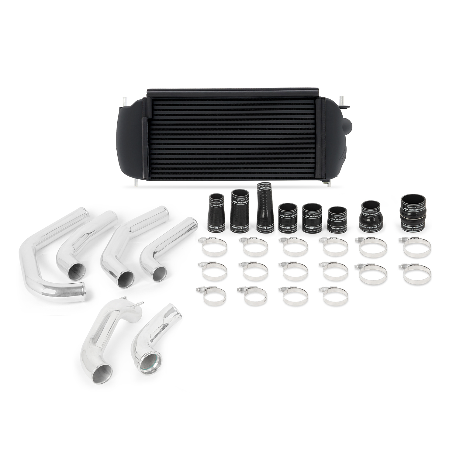 Mishimoto MMINT-F27T-15KPBK black intercooler and polished pipe kit for 2015-2017 Ford F-150 2.7L EcoBoost