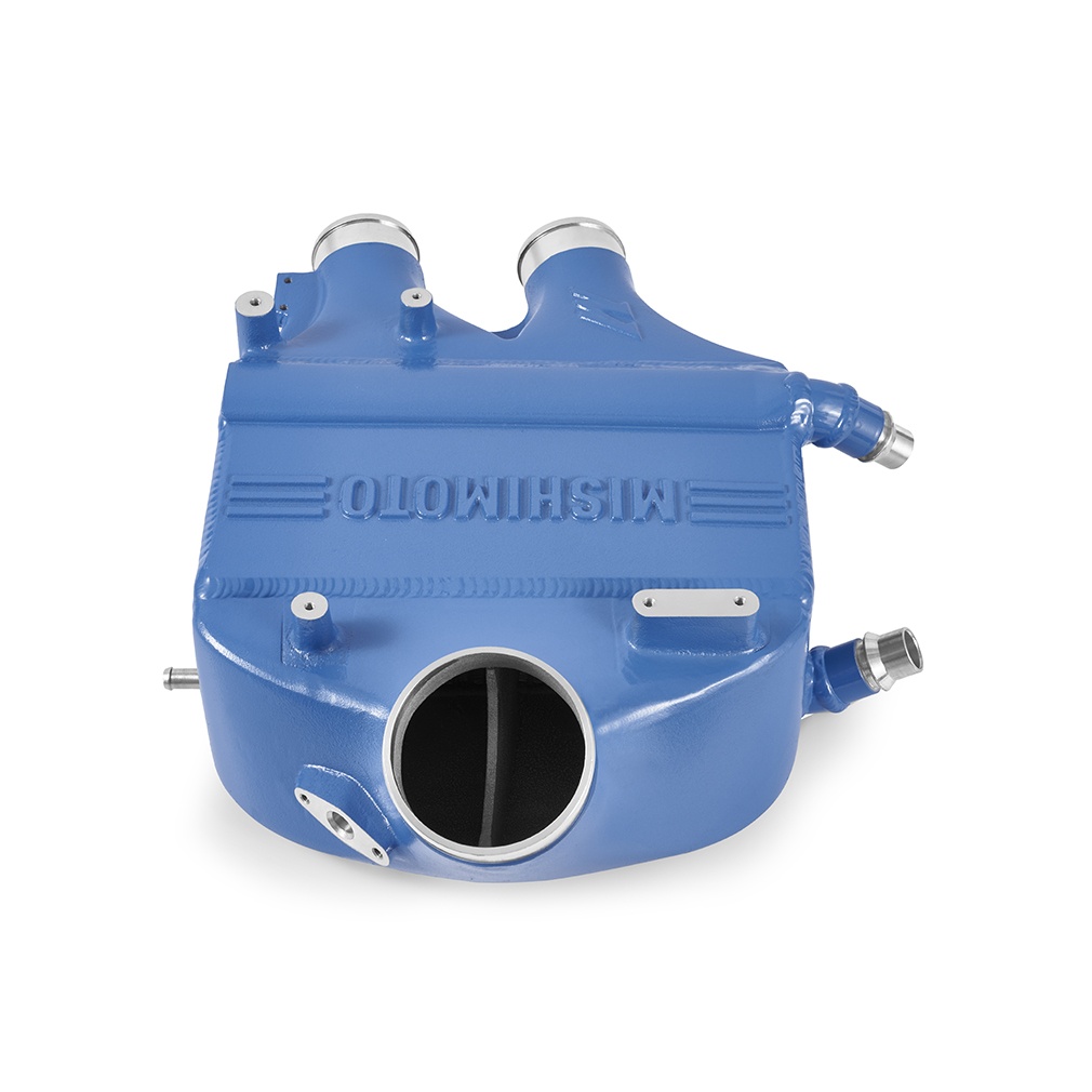 Bar-and-plate air-to-water intercooler core with cast aluminum end tanks for the BMW S55 engine