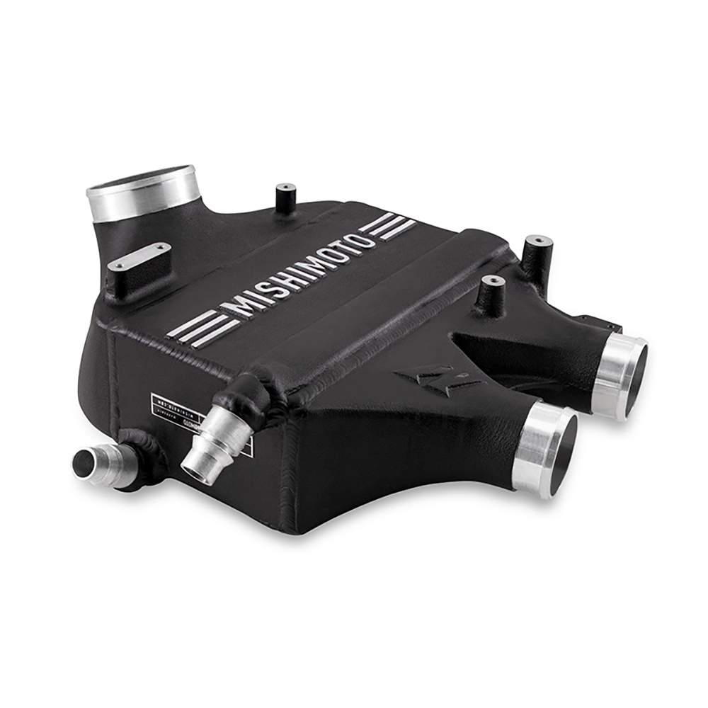 Cast aluminum end tanks with internal air diverters on the Mishimoto BMW F8X intercooler core