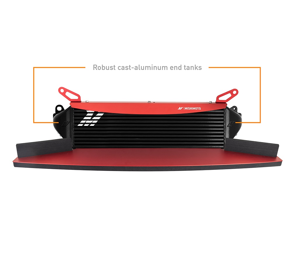 Black bar-and-plate aluminum core of the Mishimoto GR Corolla forced induction intercooler