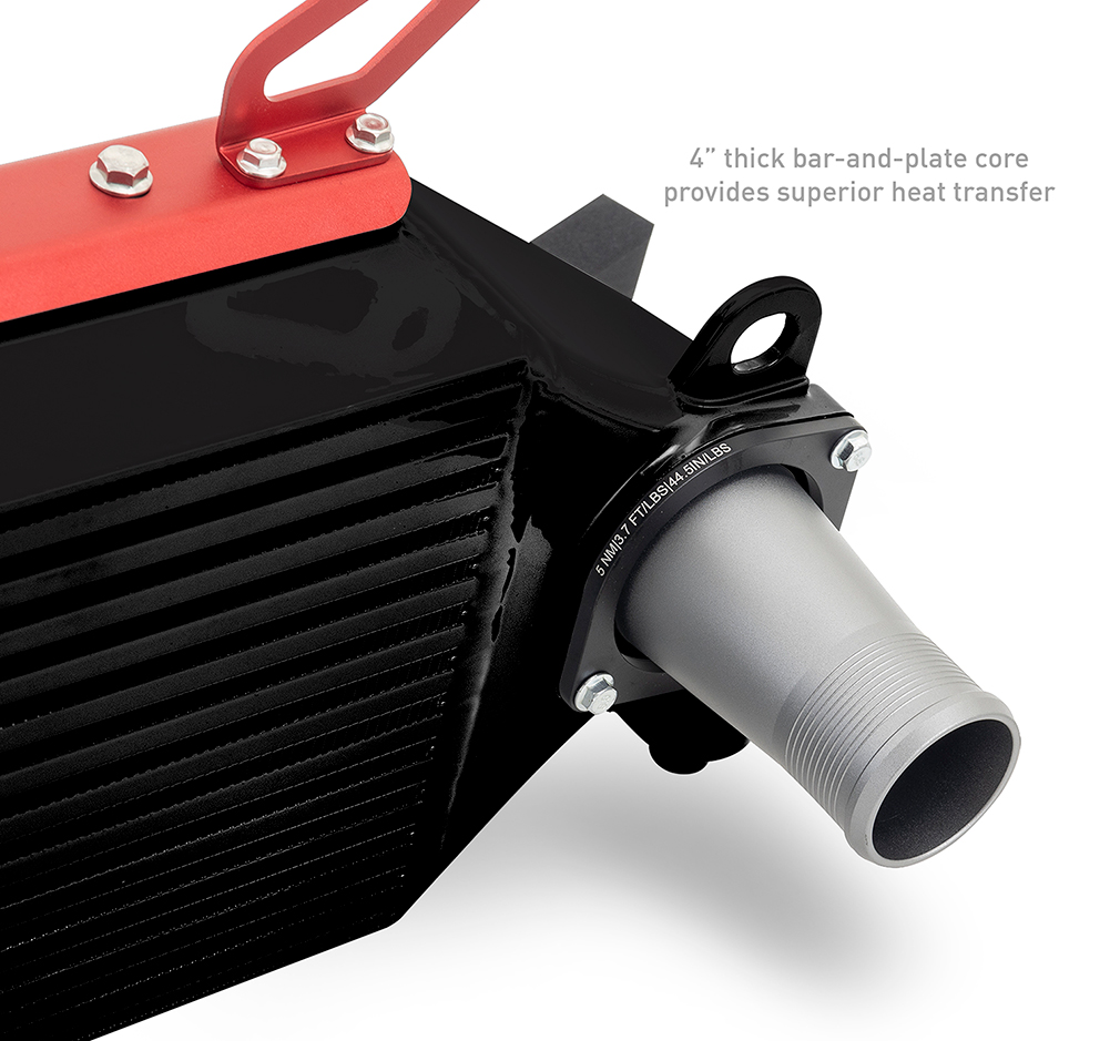 Cast-aluminum end tank and CNC-machined inlet on the Mishimoto GR Corolla performance intercooler