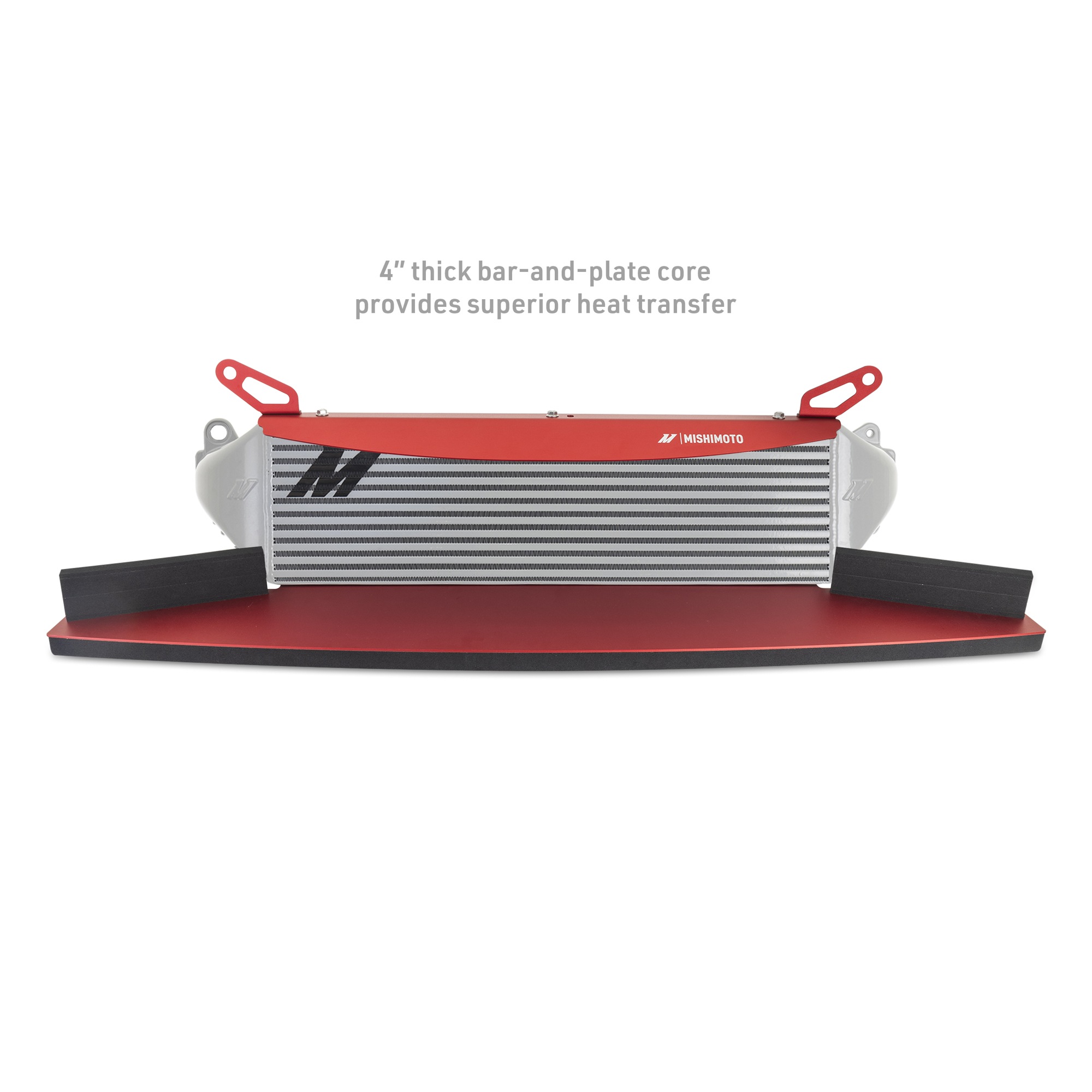 Silver bar-and-plate intercooler core with cast aluminum end tanks for Toyota GR Corolla forced induction system