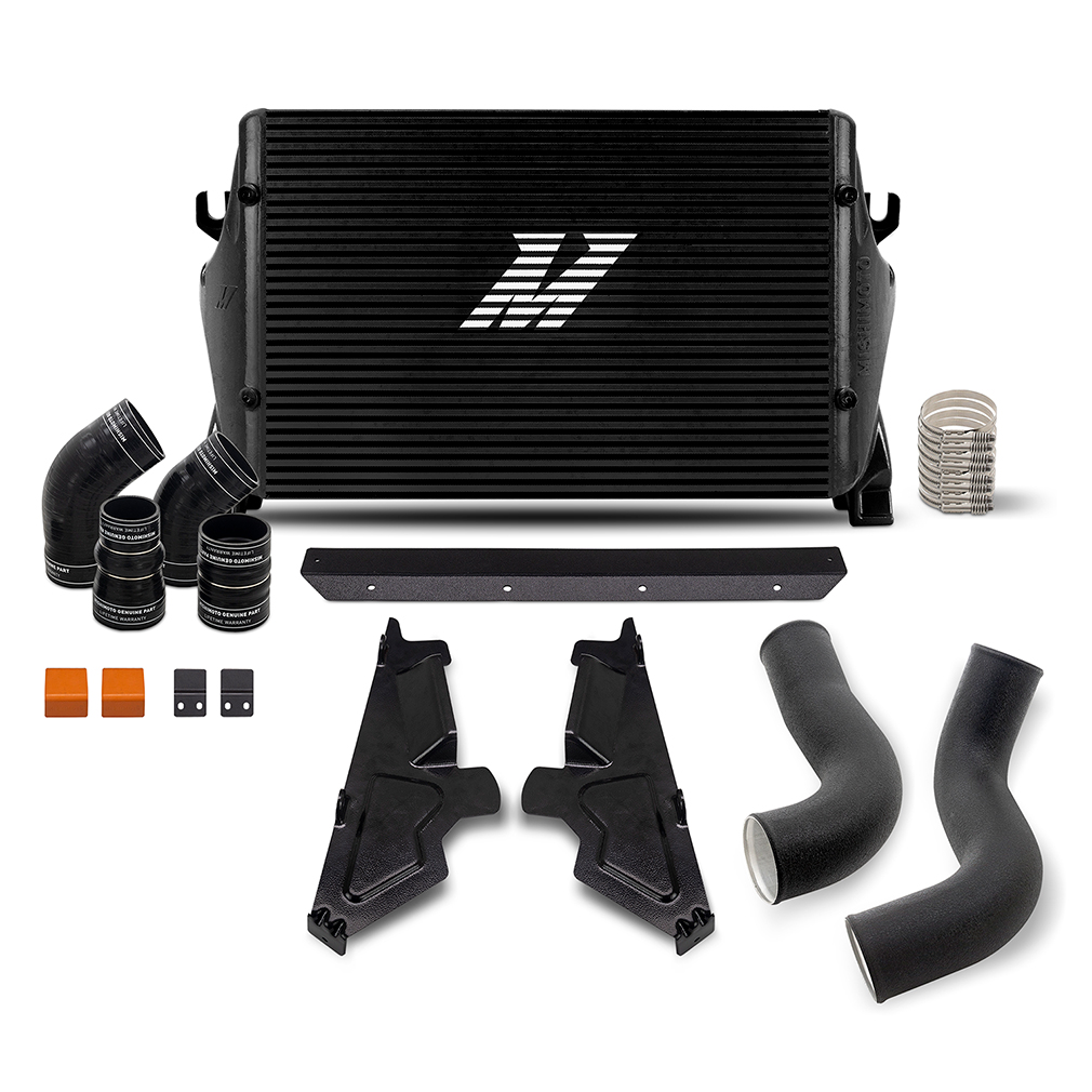 Black cast aluminum end tank on Mishimoto performance intercooler core for Ram 2500 and 3500 trucks