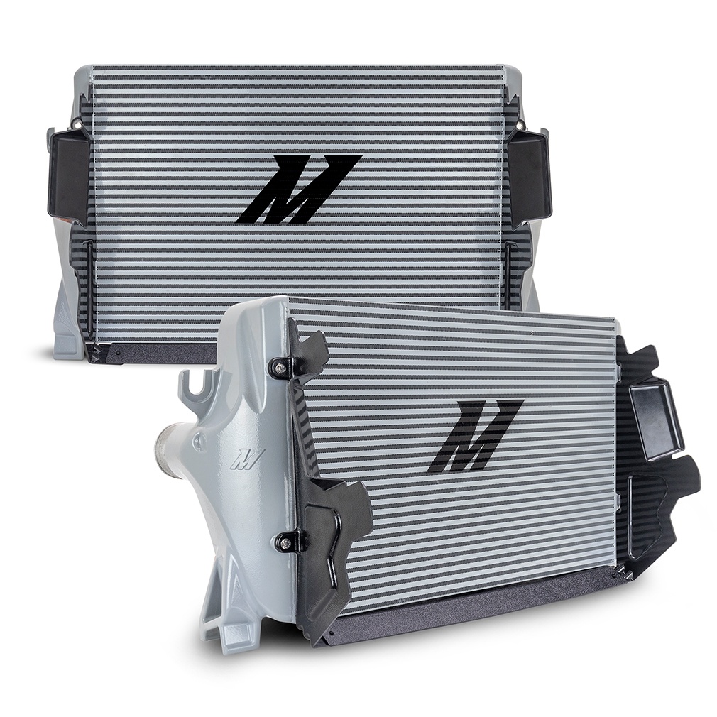 Cast aluminum end tanks on Mishimoto performance intercooler for Dodge Ram 2500 and 3500 6.7L Cummins trucks