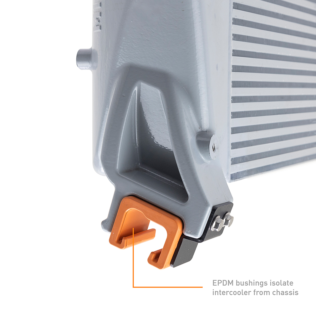 Internal air diverter plates inside Mishimoto intercooler end tank for even airflow distribution