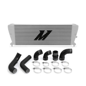 Mishimoto silver bar-and-plate intercooler with black piping for 2011+ Ford Ranger 3.2L Diesel