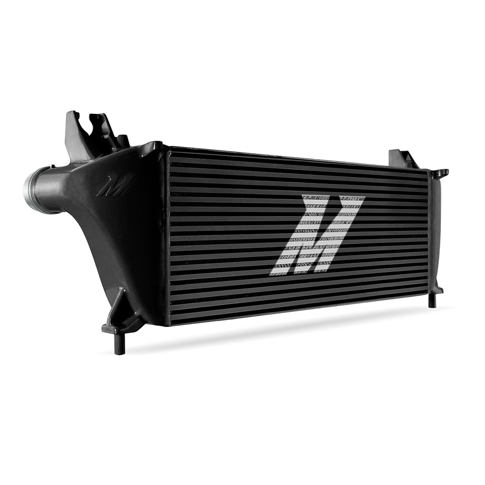 CNC-machined quick-disconnect inlet and outlet on Mishimoto Ford Ranger performance intercooler