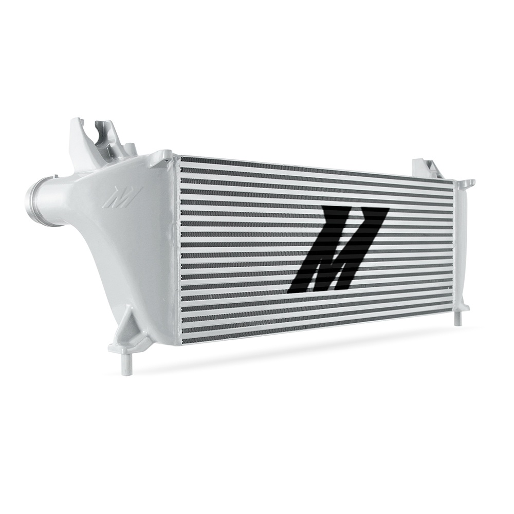 Silver bar-and-plate intercooler core with cast aluminum end tanks for 2019-2023 Ford Ranger 2.3L EcoBoost
