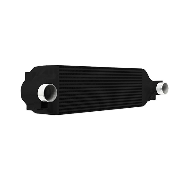 Close-up of 2.75-inch male inlet and outlet fittings on the Mishimoto Focus RS intercooler