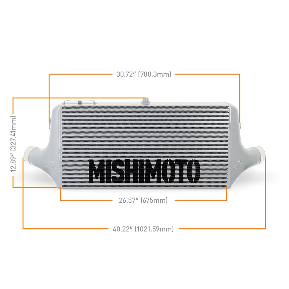 2.4-inch male inlet and outlet fittings on Mishimoto universal L-line intercooler core