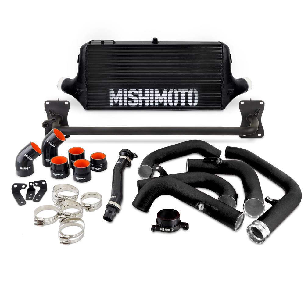 Underside view of Mishimoto 4-inch thick bar-and-plate intercooler core for 2022+ Subaru WRX