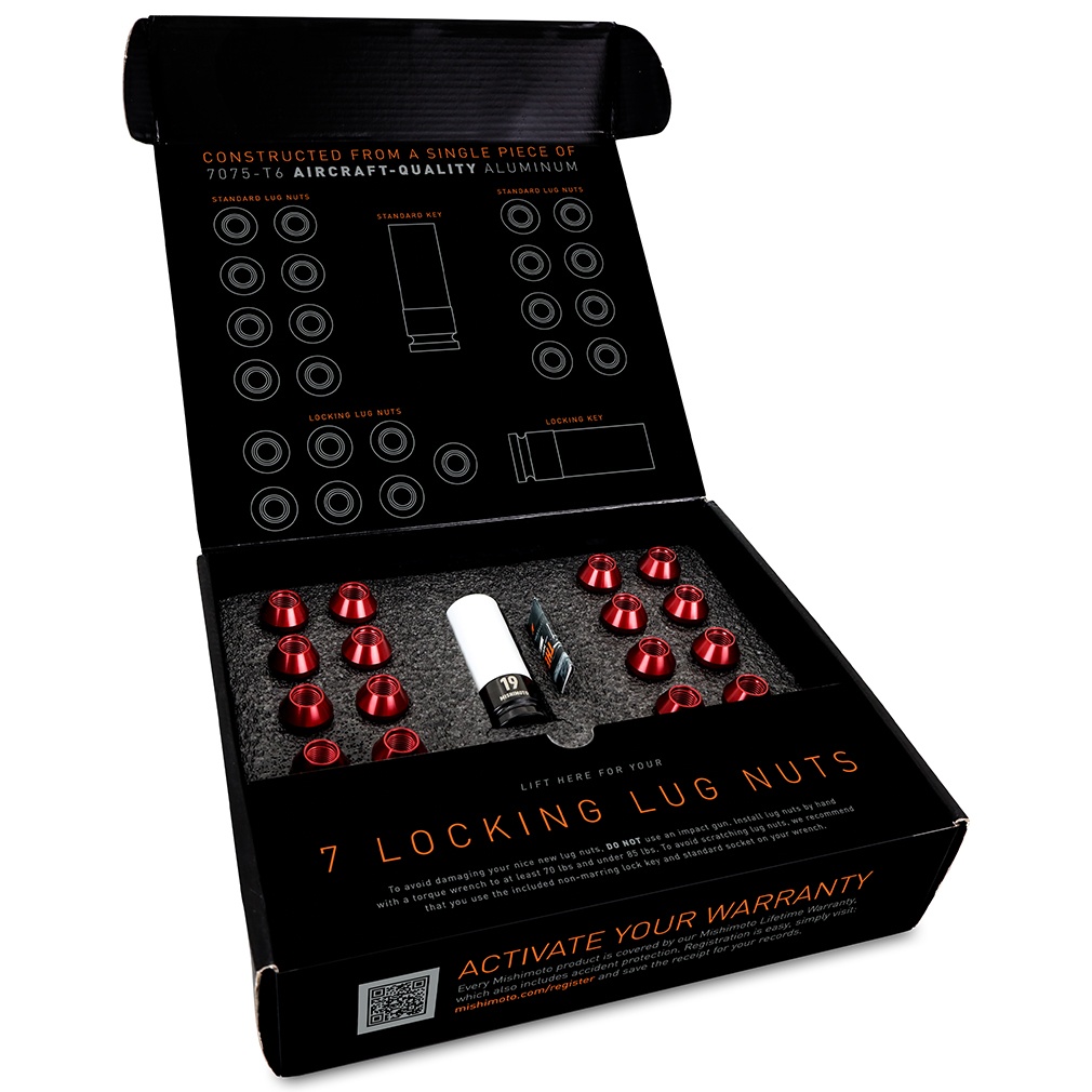 Mishimoto aluminum lug nut kit contents: 16 standard and 7 locking lug nuts in red finish