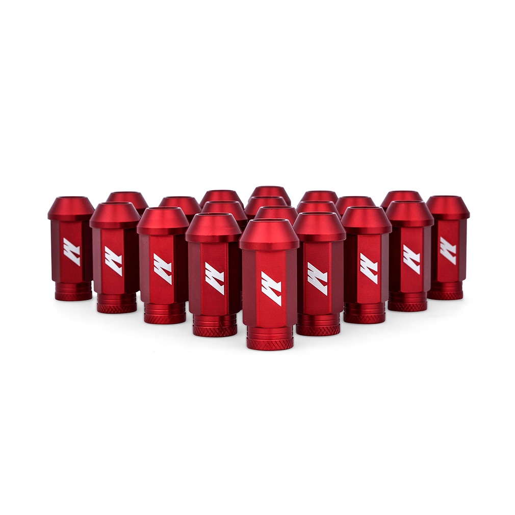 Set of Mishimoto red aluminum lug nuts with conical seat design and knurled end for easy installation