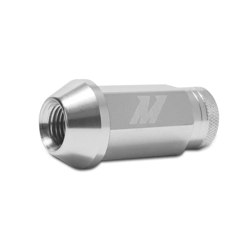 Close-up of Mishimoto lug nut conical seat and knurled end design